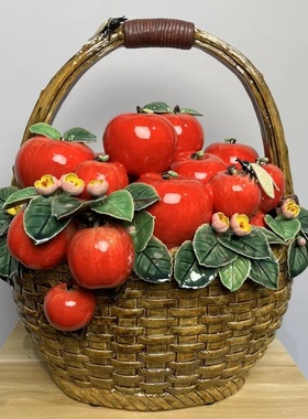 陶瓷仿真柿子水果花篮手工摆件