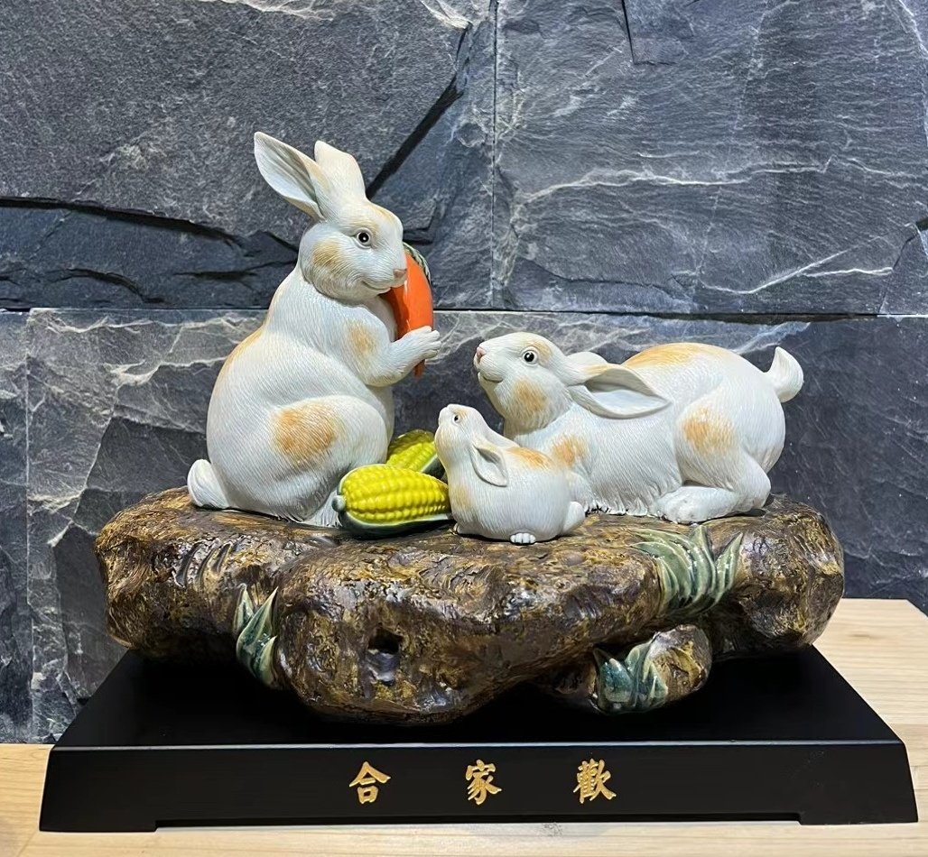 陶瓷生肖小白兔玉兔手工摆件