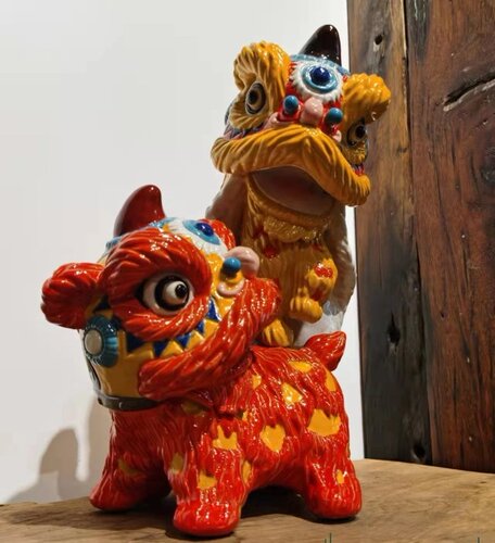 陶瓷醒狮采青功夫手工摆件