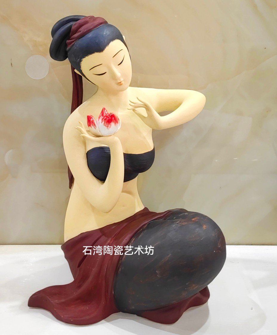 陶瓷采莲仙女仕女手工家居装饰摆件门厅玄关古典旗袍美女石湾公仔