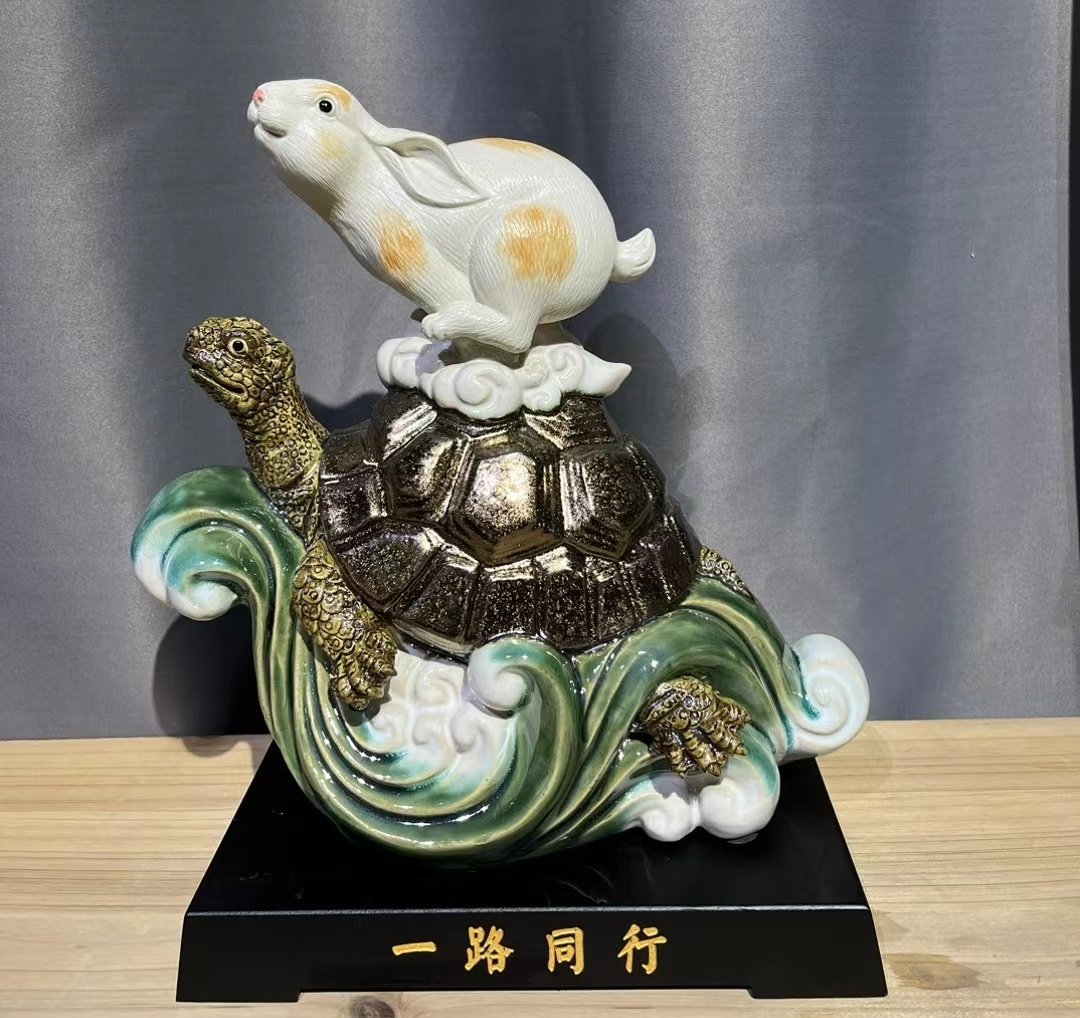 石湾公仔陶瓷乌龟兔子贺寿摆件