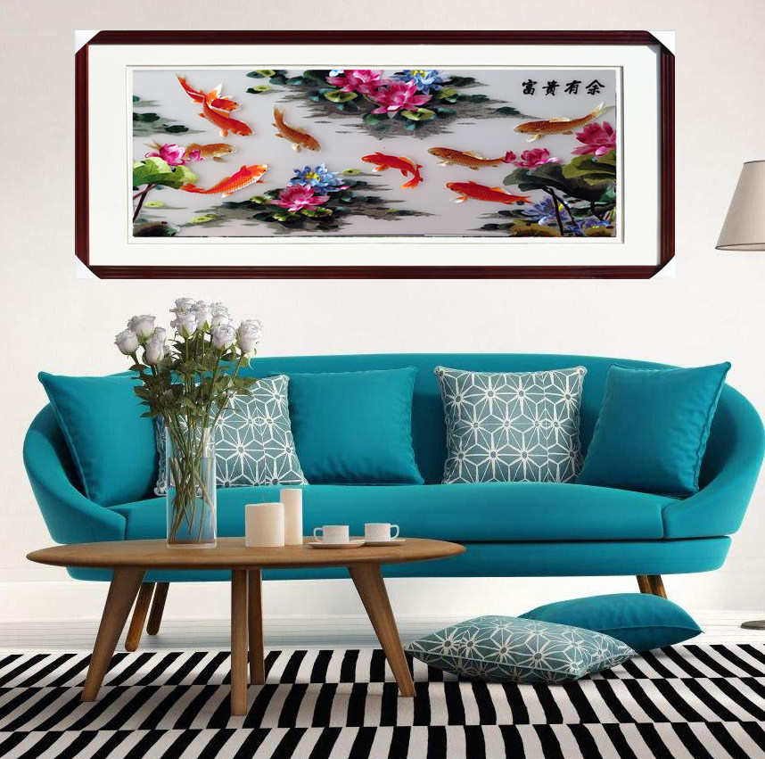 苏绣装框成品 刺绣年年有余 荷花鱼九鱼图 客厅装饰沙发背景挂画