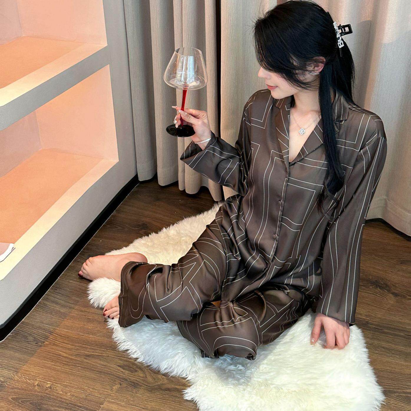 小众轻奢 春夏季丝绸睡衣套装女慵懒风几何图案高级感冰丝家居服