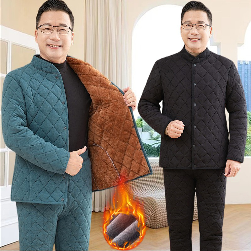 爷爷加厚德绒保暖内衣男士开衫中老年人冬季加绒爸爸棉衣棉裤套装