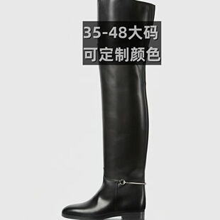 欧美外贸金属扣件宽松套筒大筒围过膝长靴48大码低跟宽筒女时装靴