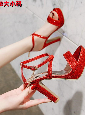 欧美亮片防水台高跟鱼嘴鞋大码反串伪娘CDTS演出走秀凉鞋新娘婚鞋