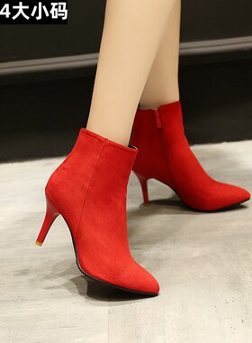 欧美外贸绒面细高跟短靴尖头显瘦大码及膝靴百搭反串伪娘CDTS裸靴
