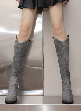 欧美外贸中粗跟牛仔靴高跟圆头及膝靴4849大码反串伪娘CDTS骑士靴