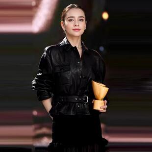 海宁2026春新款泡感“杨树林”宋佳真皮皮衣绵羊皮短收腰女外套