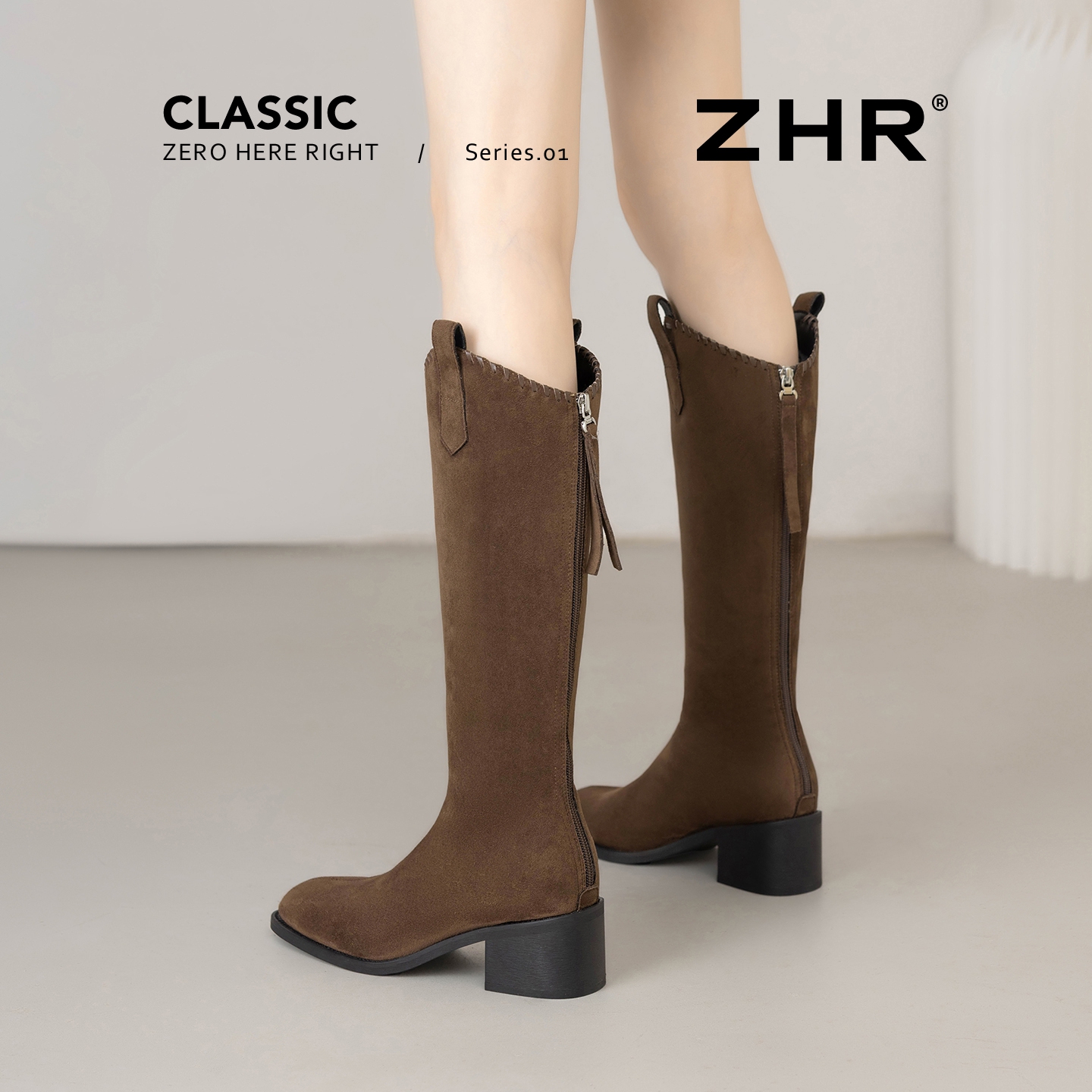 V口粗跟骑士靴绒面长筒靴瘦瘦靴