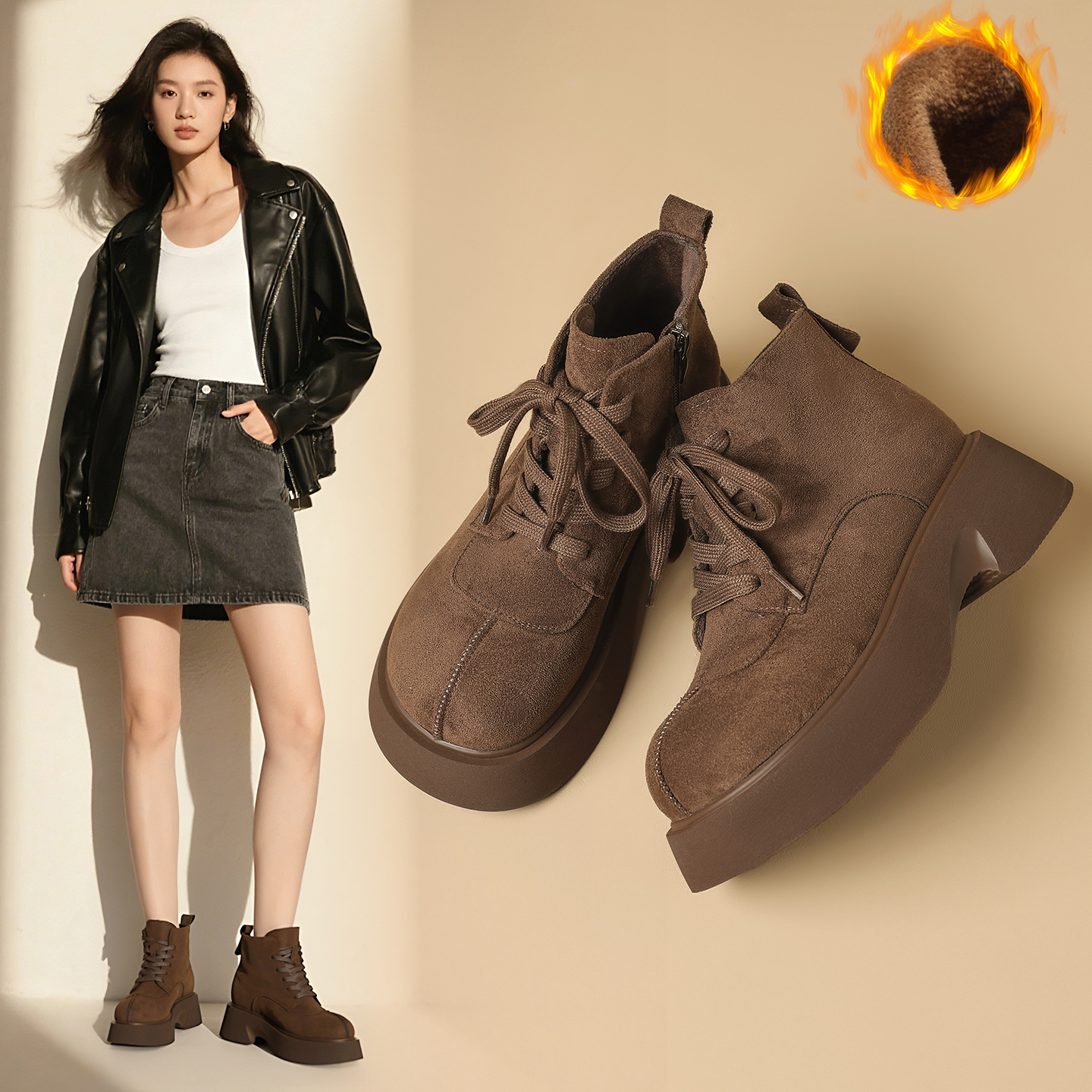 ZHR/则则加绒短靴秋冬新款绒面厚底马丁靴工装靴休闲靴女靴