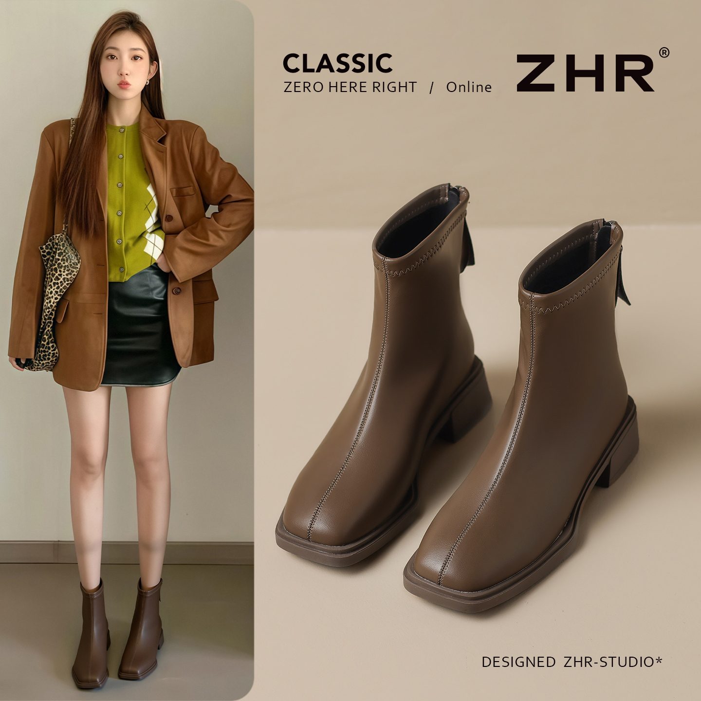 粗跟方头百搭英伦短靴气质女士