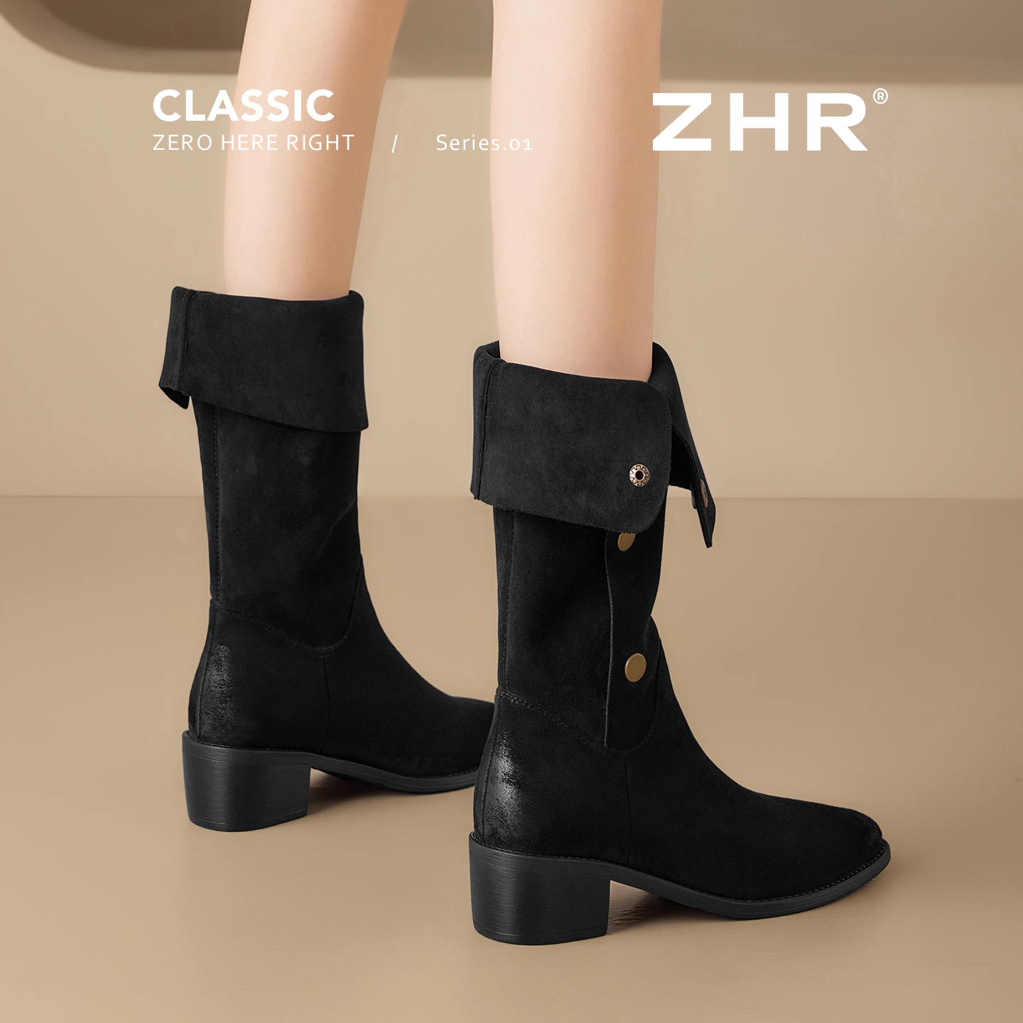 ZHR一鞋两穿复古堆堆靴粗跟百搭