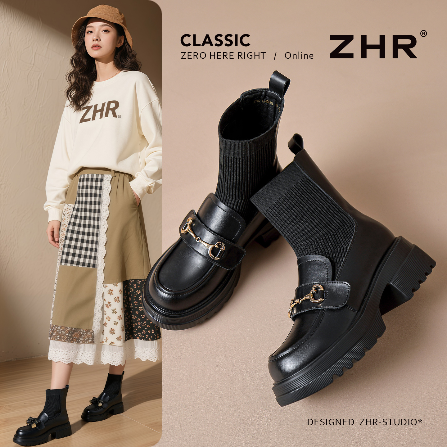 百搭真皮短靴配裙子针织弹力袜靴