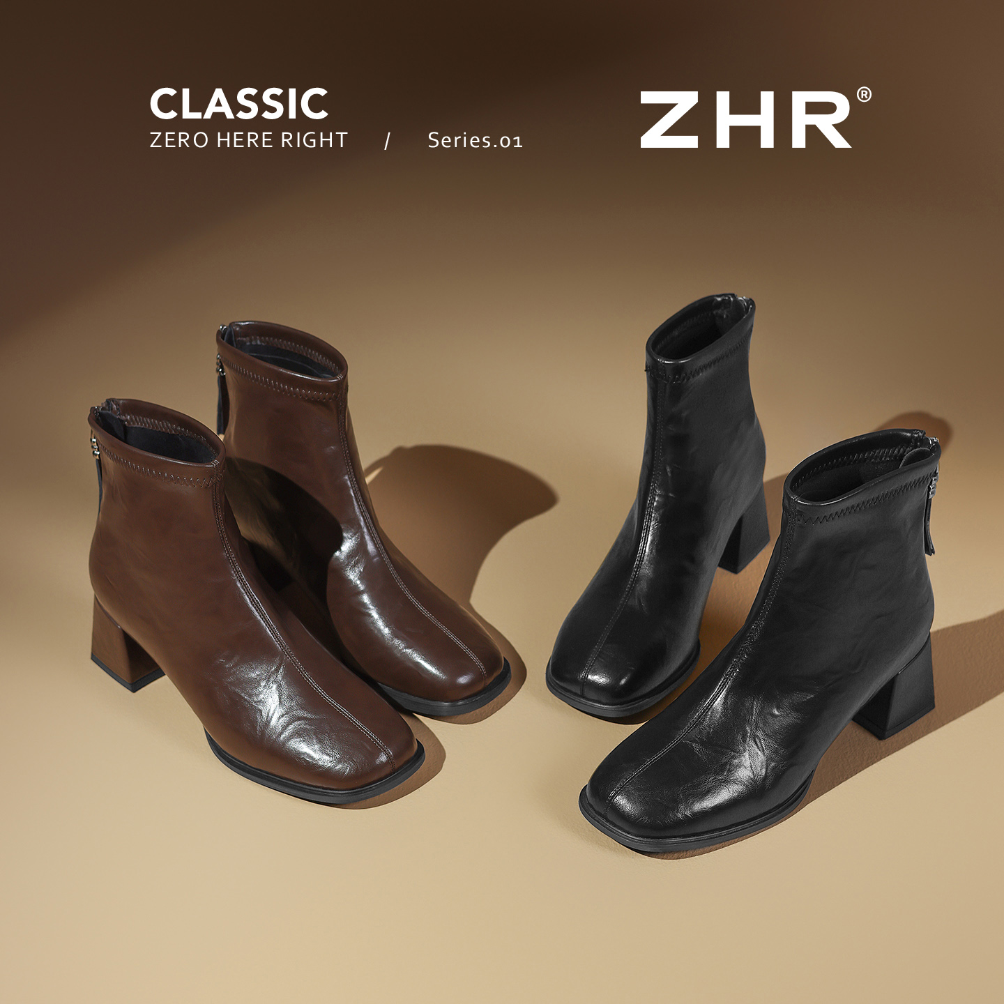 ZHR粗跟瘦瘦靴方头加绒短靴