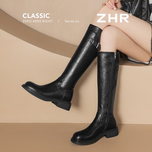 ZHR/则则长筒靴女秋冬新款时尚褶皱骑士靴女不过膝显高显瘦厚底女