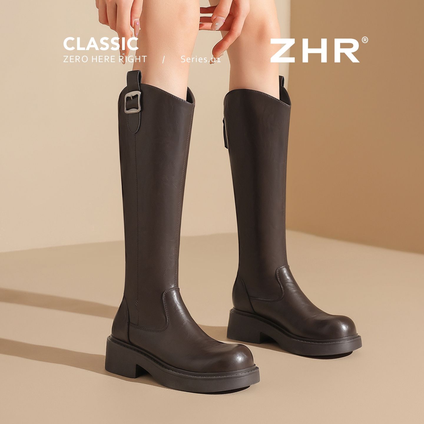 ZHR厚底真皮骑士靴女秋季新款