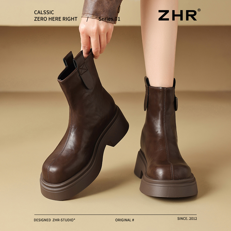 棕色厚底马丁靴女英伦风瘦瘦靴