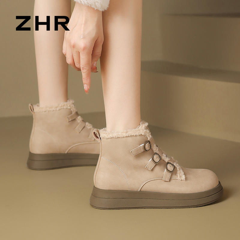 厚底短靴女加绒雪地靴复古马丁靴