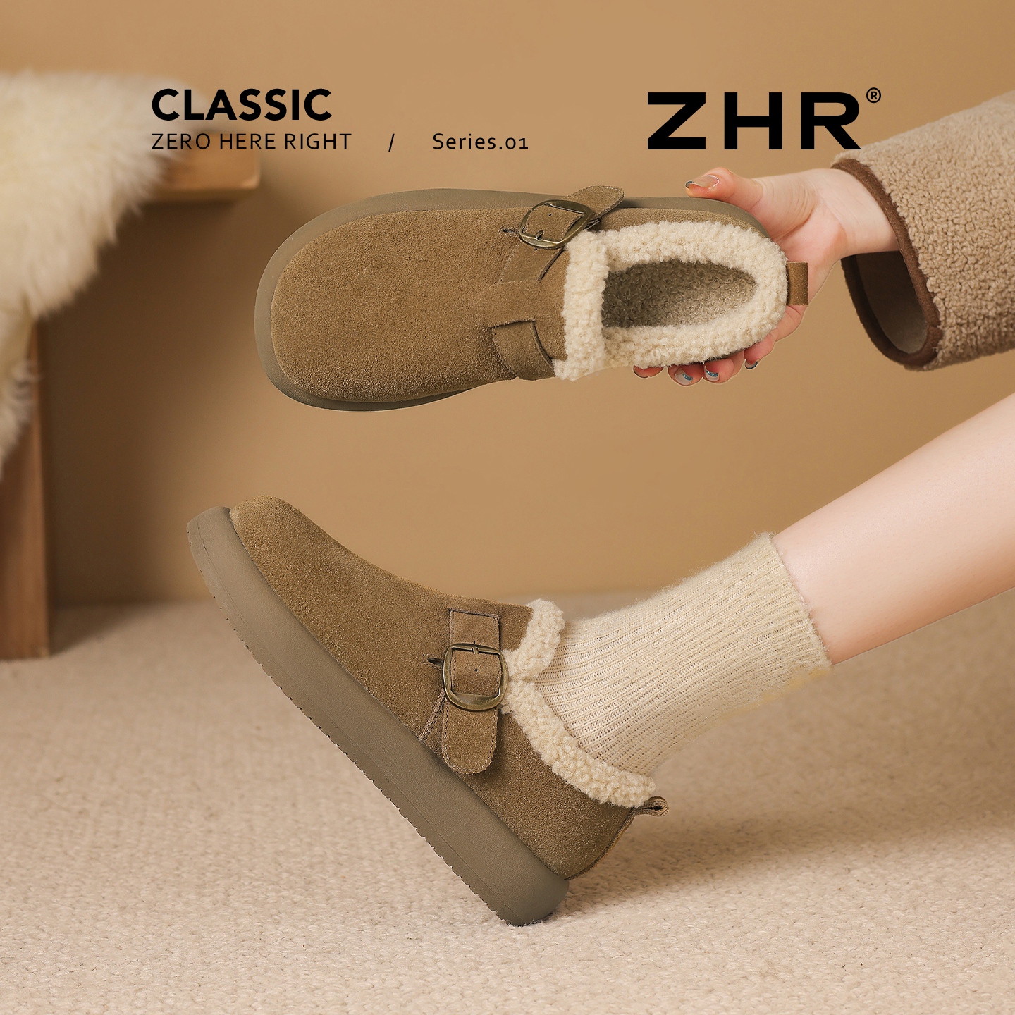 真皮加绒保暖雪地靴软底一脚蹬