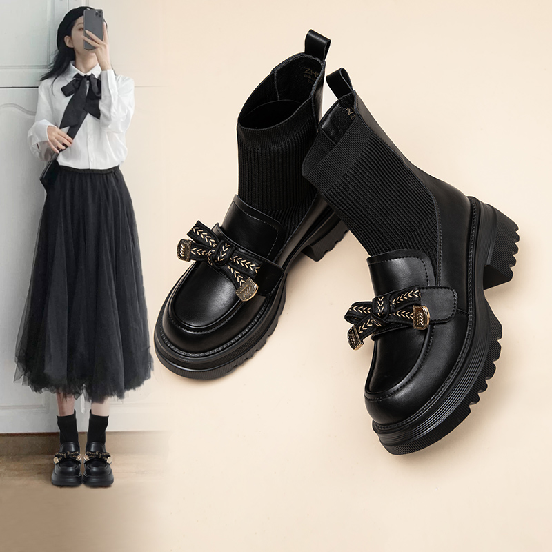 ZHR粗跟弹力袜靴圆头一体袜靴