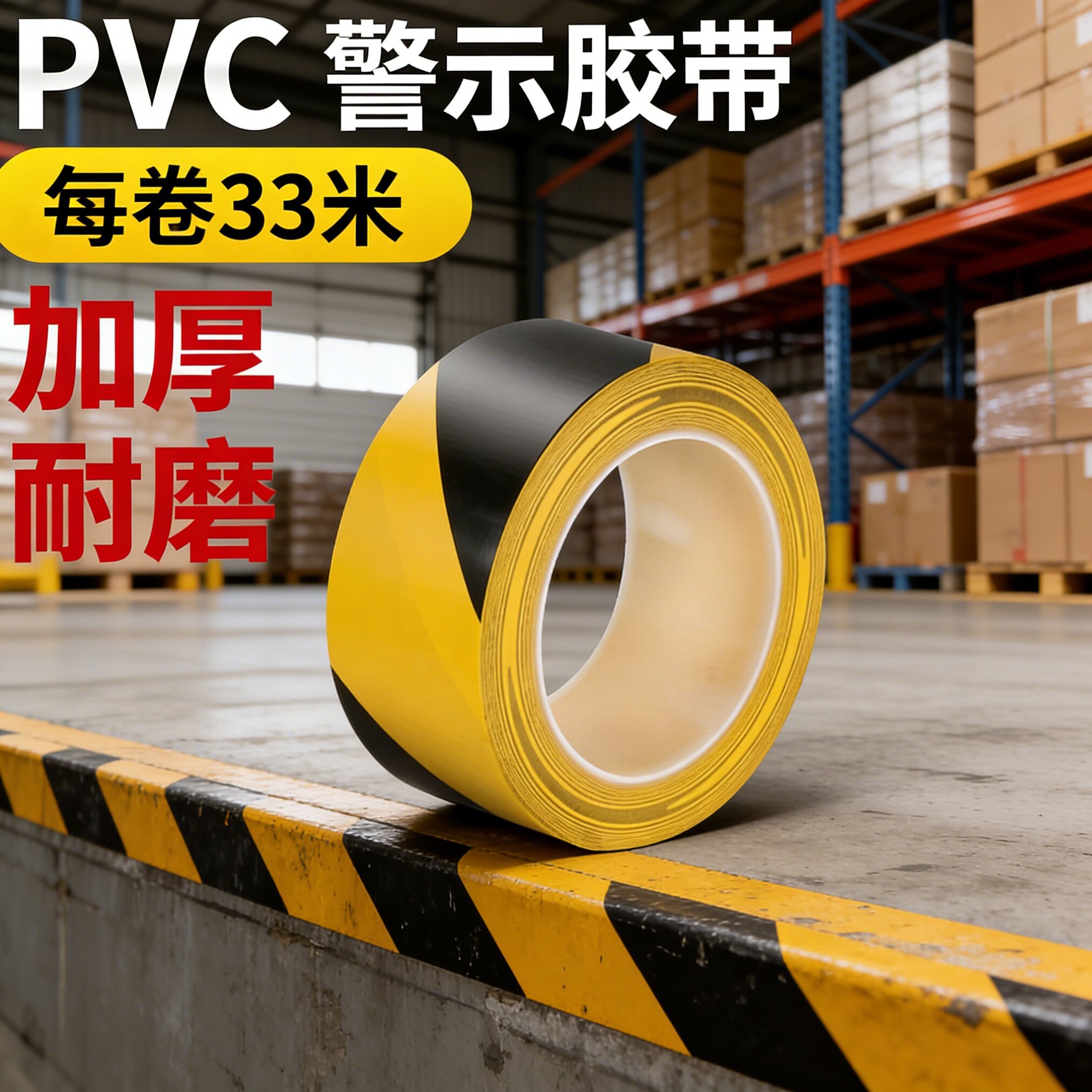 PVC警示胶带工厂车间划线定位分区黄黑引导胶布水泥地可用保护膜防水耐磨仓库标识线交通安全隔离警戒线胶条