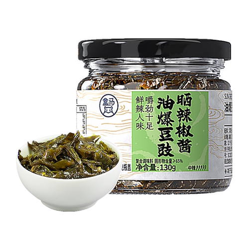 盒马代购油爆豆豉晒辣椒酱130g罐装整条辣椒入酱夹馍卷饼吃法多样