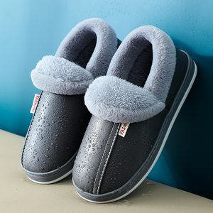 秋冬季防水PU皮棉拖鞋女家用保暖男士家居用棉鞋厚底包跟室内情侣