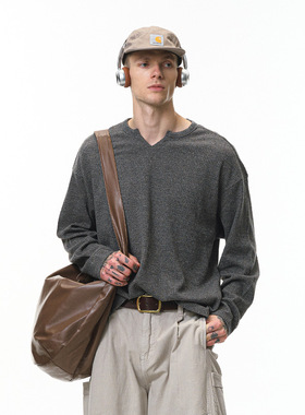 【PTECREW】混纺华夫格开领长袖纯色V领宽松老钱风T恤男