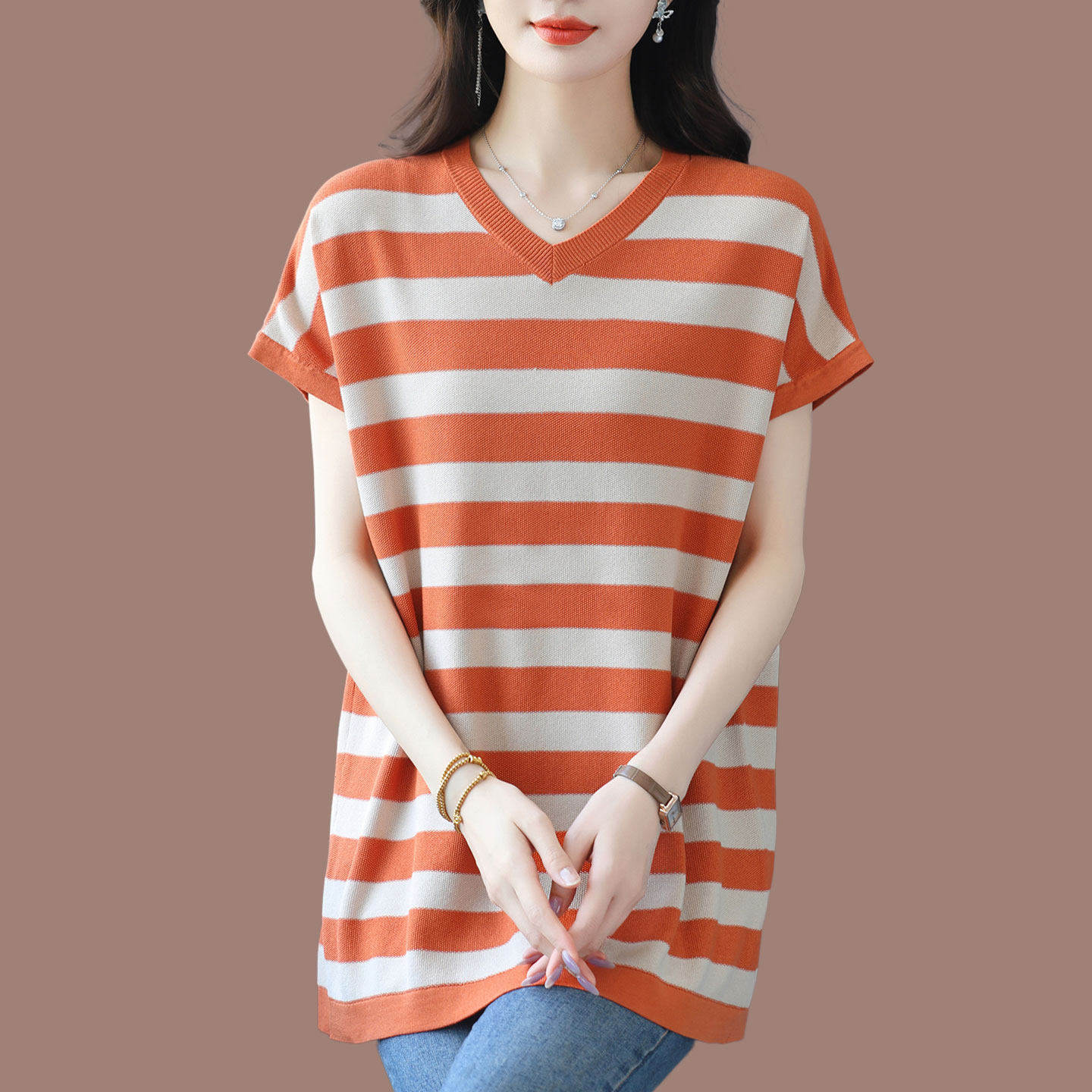 V领条纹桑蚕丝针织衫女短