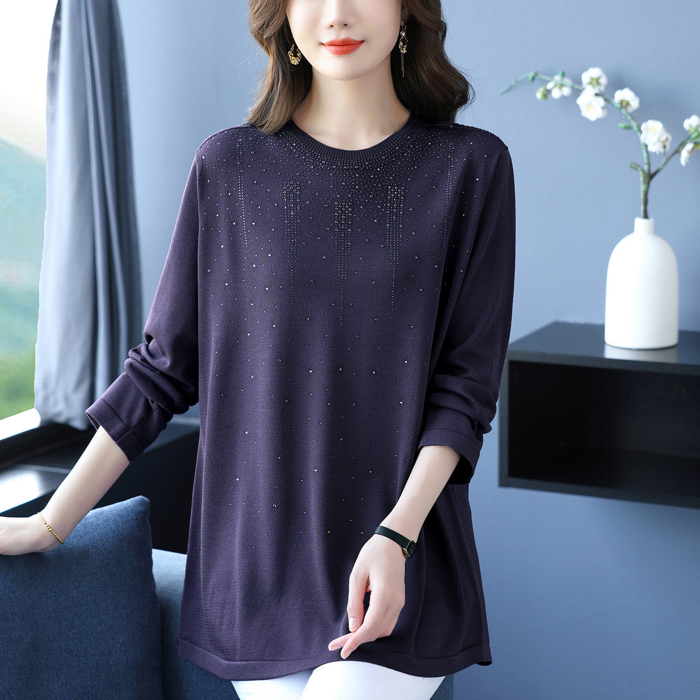 特大码休闲烫钻针织衫女春秋中长款毛衣宽松显瘦妈妈长袖打底上衣