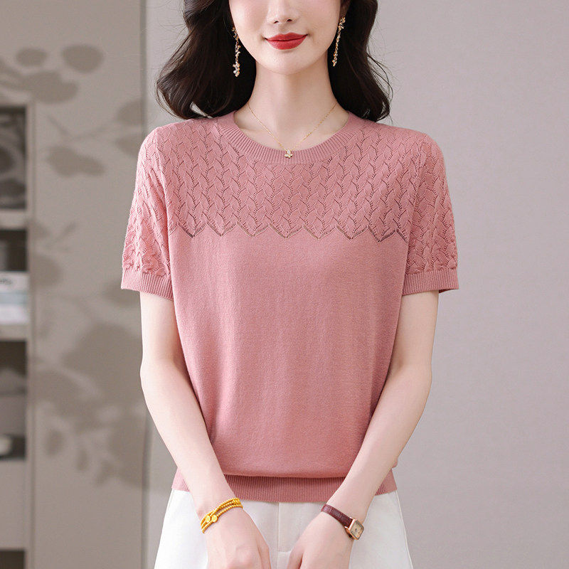 中年妈妈短袖桑蚕丝针织衫女上衣时尚夏装宽松薄款大码镂空T恤衫