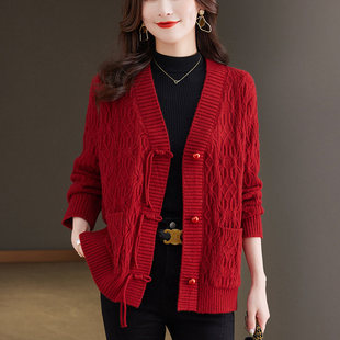妈妈毛衣开衫 中长款 春秋中国风盘扣外套 毛线衫 通勤风韩版 大码