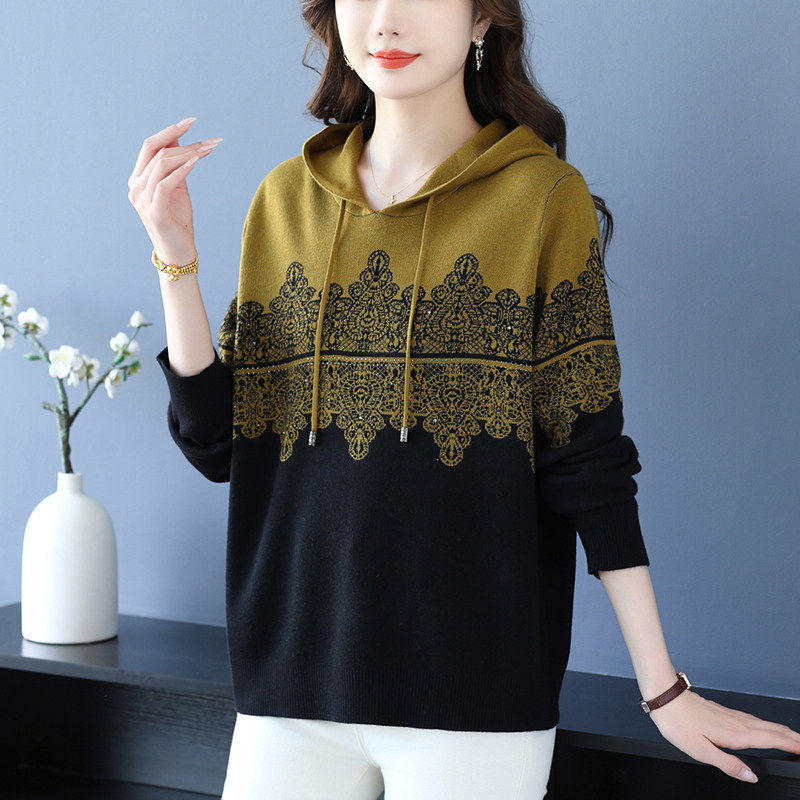 帽衫女款2025新款洋气时尚妈妈连帽毛衣宽松大码针织卫衣减龄休闲