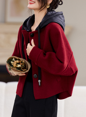 红色休闲宽松连帽卫衣外套女毛呢韩版显瘦蝙蝠袖短款开衫厚棒球服