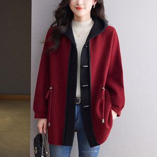 大衣女款2025新款秋冬加厚中长款外套气质高级感大码毛呢开衫连帽