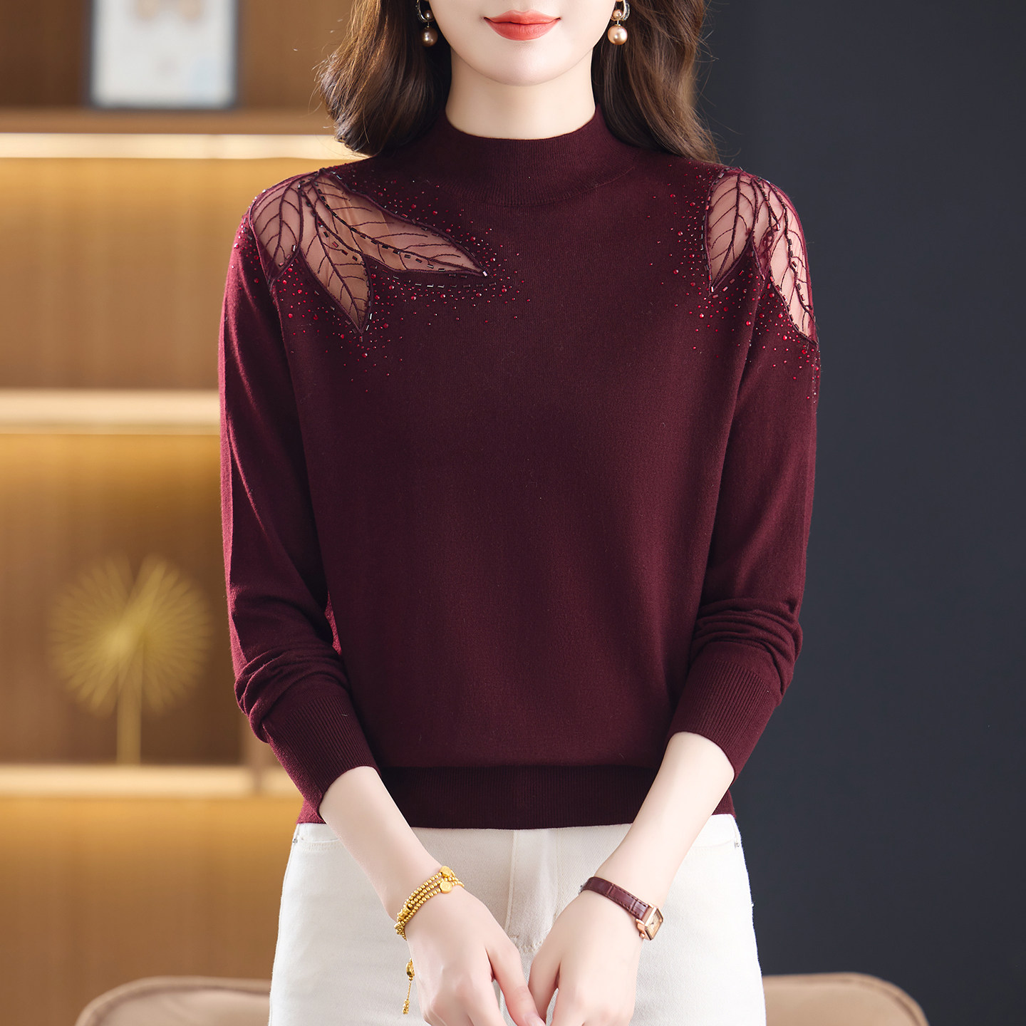 妈妈装长袖薄款针织羊毛衫女上衣洋气春秋新款加大码内搭打底毛衣