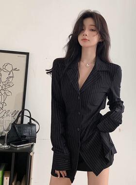 Striped Shirt 黑色条纹长袖衬衫女秋季气质百搭修身收腰中长款