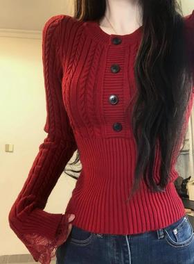 Slim-fitting New Year red sweater knit shirt修身新年红色毛衣