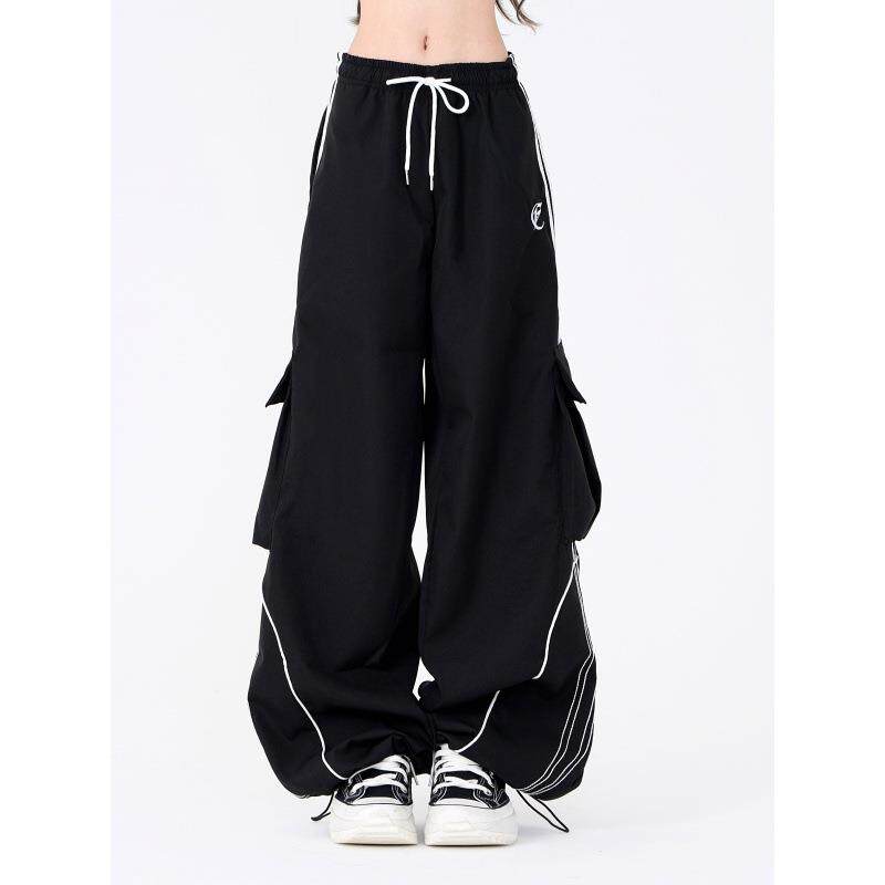 Womens Cargo Pants女春季黑色抽绳阔腿宽松工装口袋嘻哈拖地裤