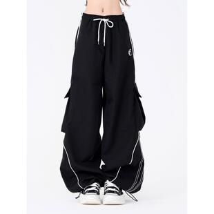 Womens Cargo Pants女春季黑色抽绳阔腿宽松工装口袋嘻哈拖地裤