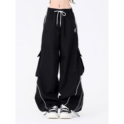 Womens Cargo Pants女春季黑色抽绳阔腿宽松工装口袋嘻哈拖地裤