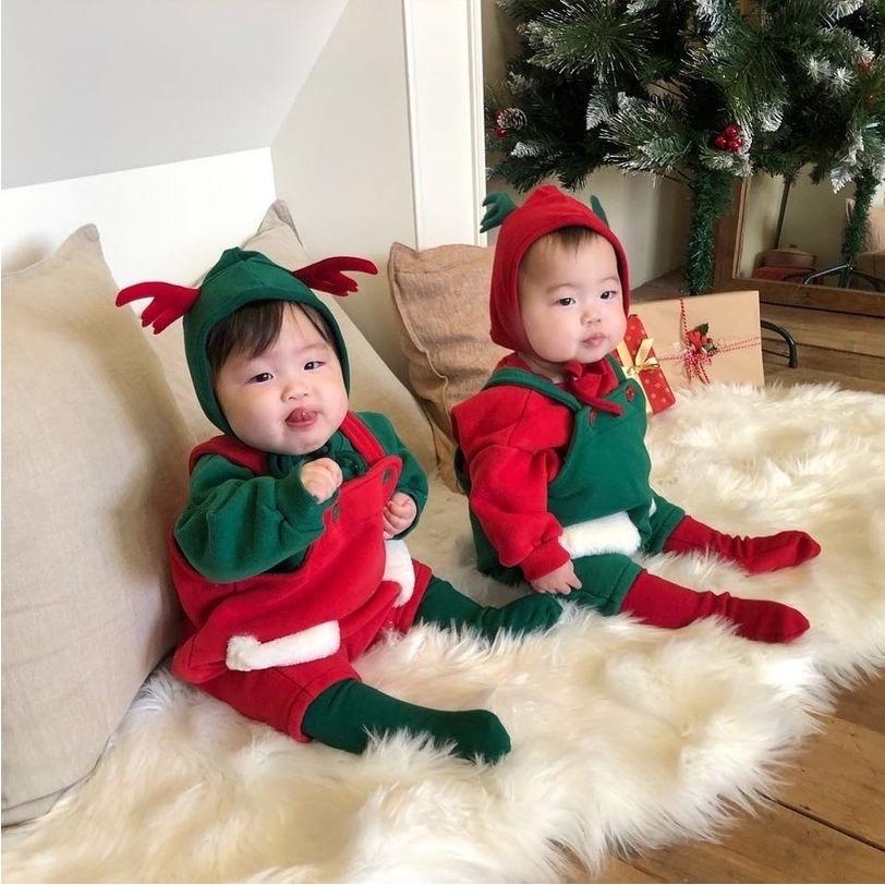 Baby long sleeved red and green Christmas overalls jumpsuit