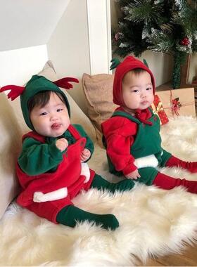 Baby long sleeved red and green Christmas overalls jumpsuit