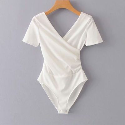 One-piece top short sleeve T-shirt早秋季交叉领t恤女