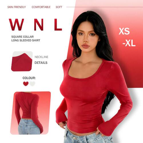Square collar top for women, long sleeved t-shirt  women