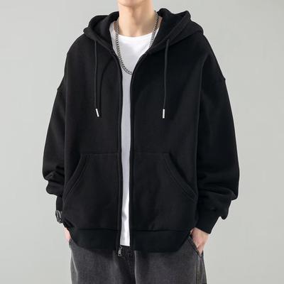 Mens Hoodie男春秋开衫运动夹克纯色连帽宽松休闲上衣外套