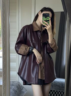 PU leather jacket women's shirt秋季时尚新款复古夹克百搭衬衫