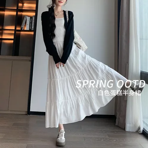 White midi skirt spring long skirt白色半身裙春季蛋糕裙