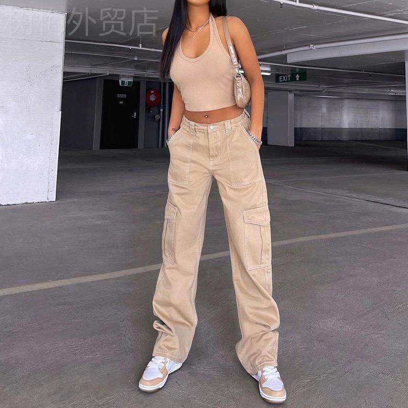 Stylish pocket cargo pants jeans women欧美女装街头时尚牛仔裤